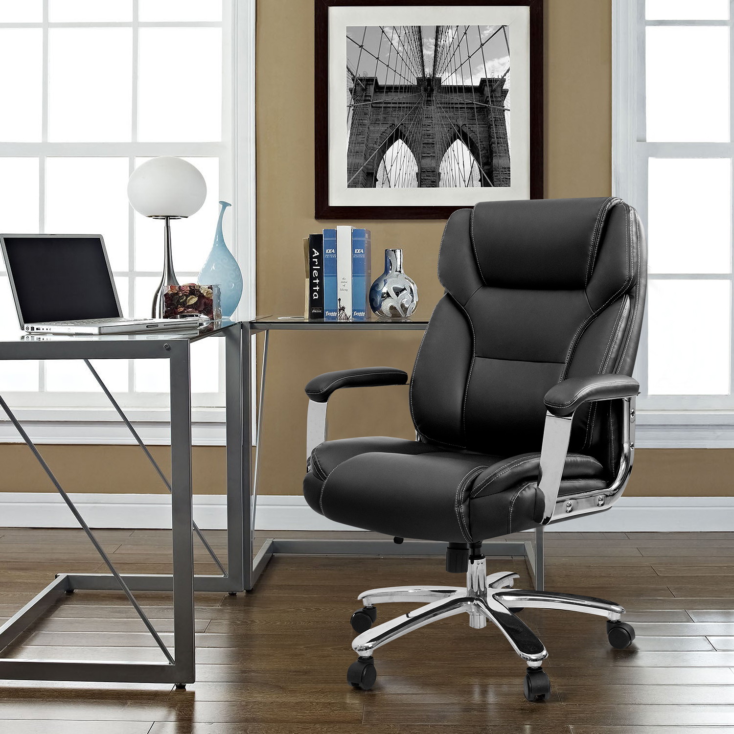 Homall Big and Tall Office Desk High Back Executive Computer Task Swivel Adjustable Leather Ergonomic Chair with Lumbar Support (Black)