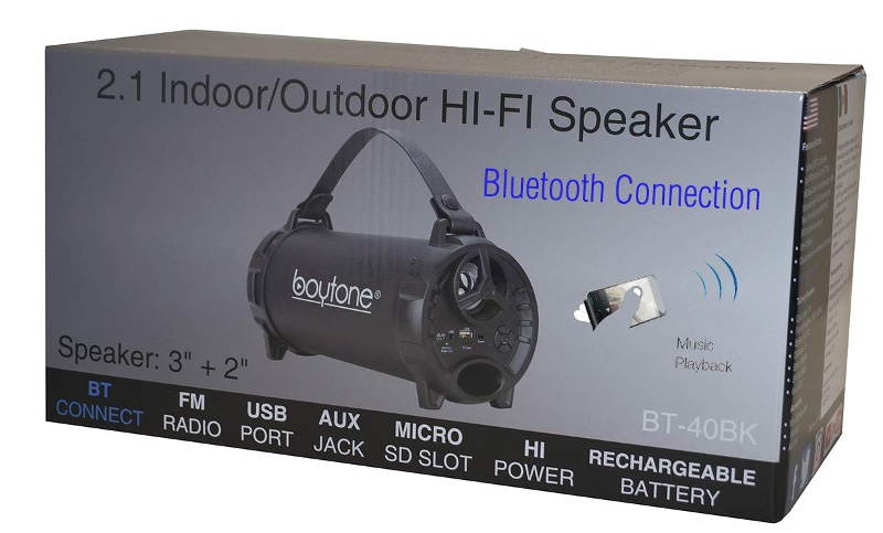 Boytone BT-40BK Portable Bluetooth Indoor/Outdoor Speaker 2.1 Hi-Fi Cylinder FM Built in Rechargeable Battery
