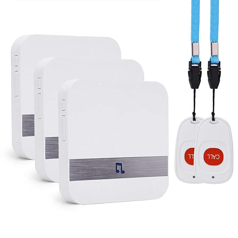 Wireless Caregiver Pager,  Smart SOS Call Button for Elderly Patient Personal Care in Home Alert System, 500+ Feet Range (2 call buttons + 3 receivers)