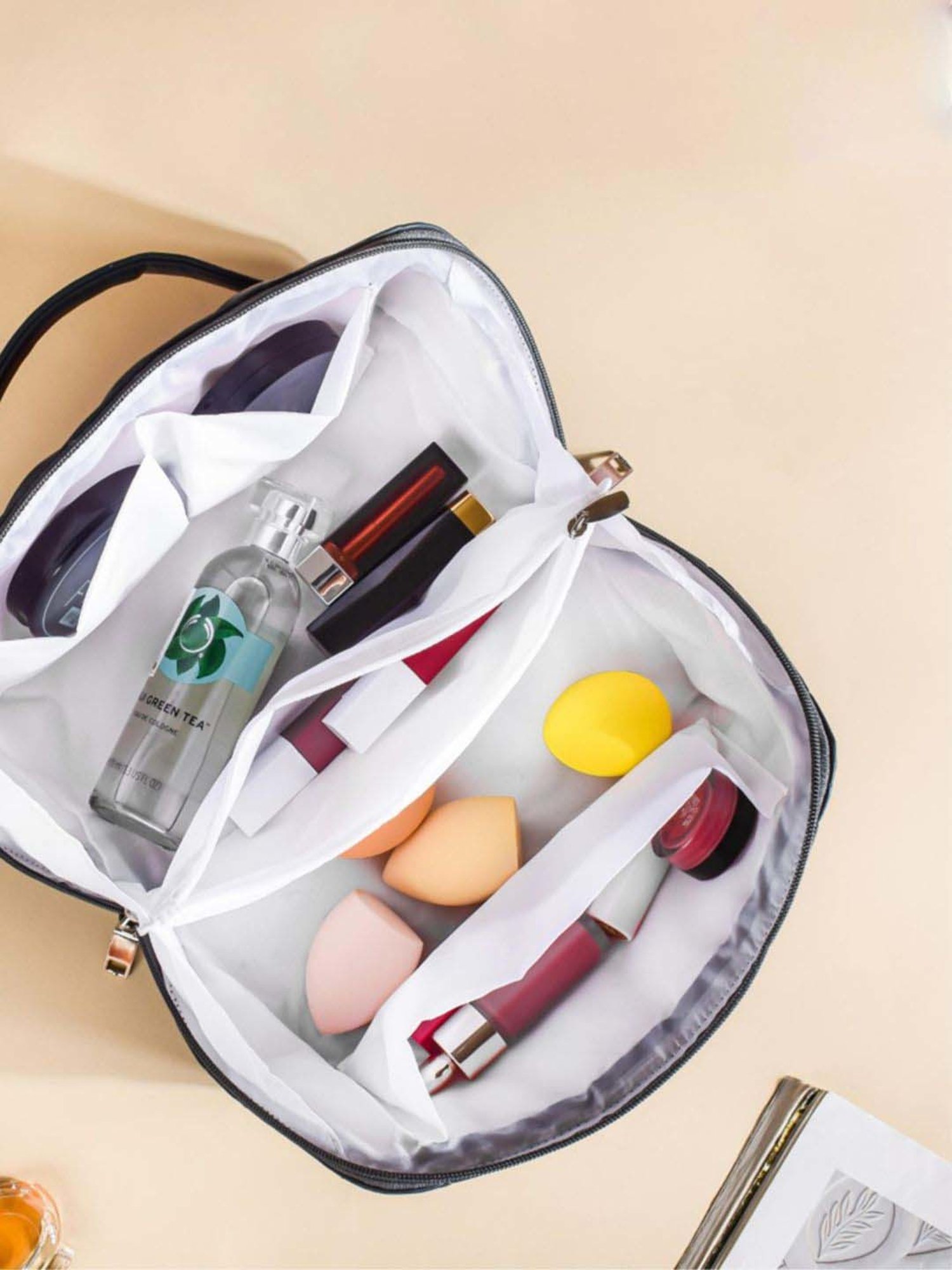 Nestasia Quilted Vegan Leather Blue Color Diagonal Zipper Cosmetic Bag with Multiple Pockets