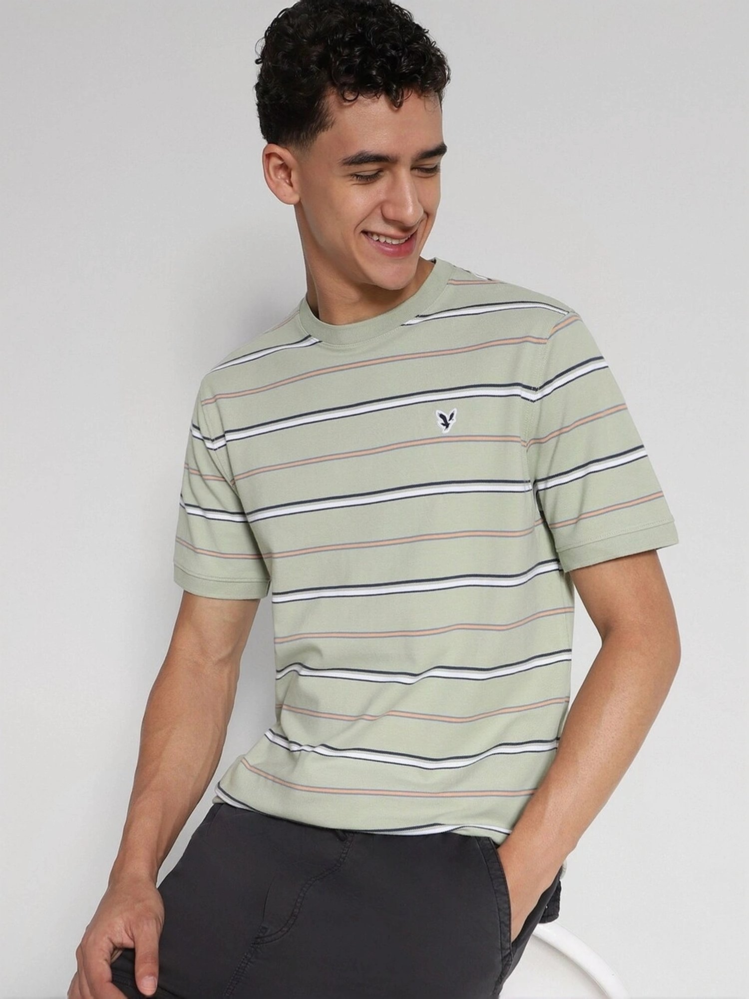 American Eagle Green Cotton Regular Fit Striped T-Shirt