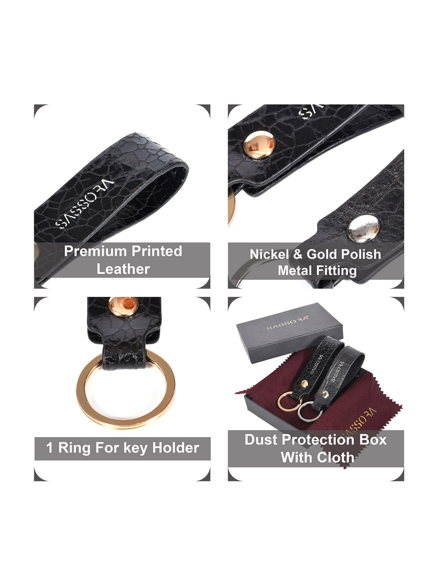 SASSORA Black Leather Keychain Key Ring Holders Anniversary Gift, Birthday Gift - Pack of 2