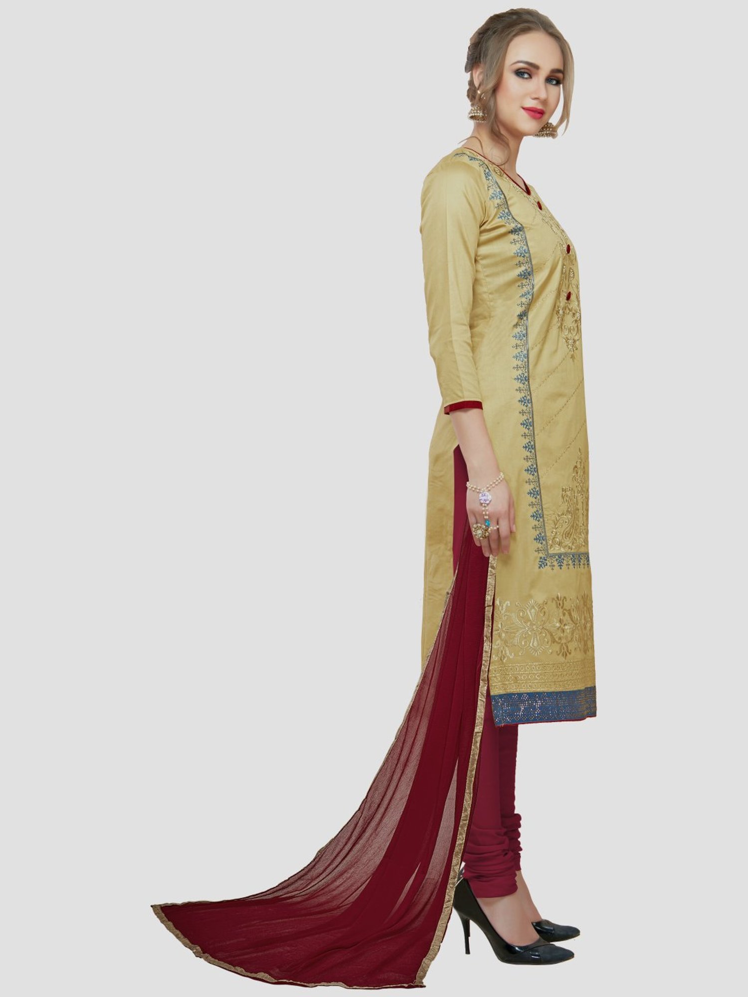 Saree Mall Beige & Maroon Embroidered Dress Material