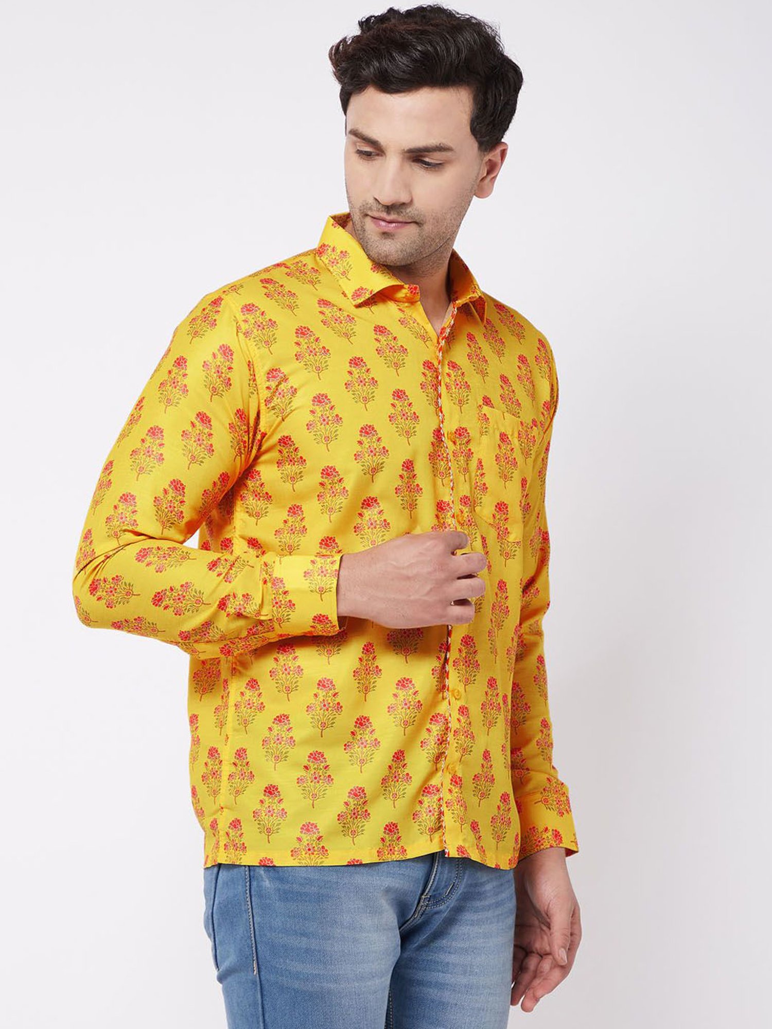 Vastramay Yellow Straight Fit Printed Shirts