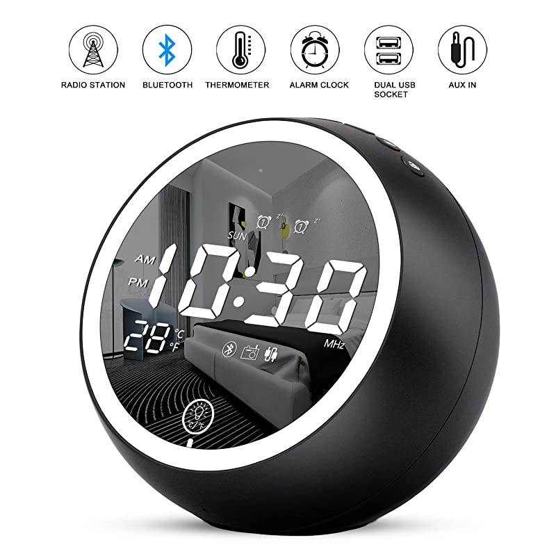Alarm Clock Radio,Bluetooth V5.0,Hi-Fi Speaker,Dual Alarms with Snooze,Digital Display with dimmer,Dual USB Output Ports,FM Radio with Sleep Timer,Night Light,Clock for bededrooms
