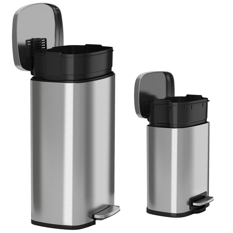 iTouchless Combo Set Step Pedal Kitchen and Bathroom Trash Cans with AbsorbX Odor Filter 13.2 and 1.3 Gallon Silver Stainless Steel