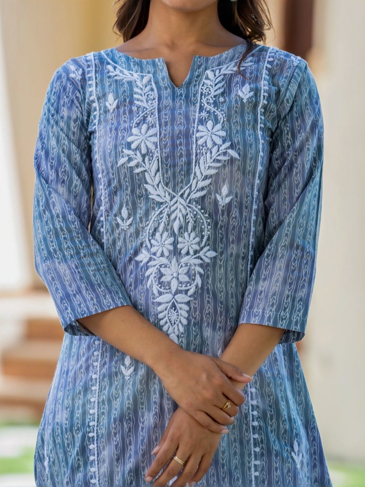 HOUSE OF JAMOTI Blue & White Cotton Embroidered Kurta Palazzo Set