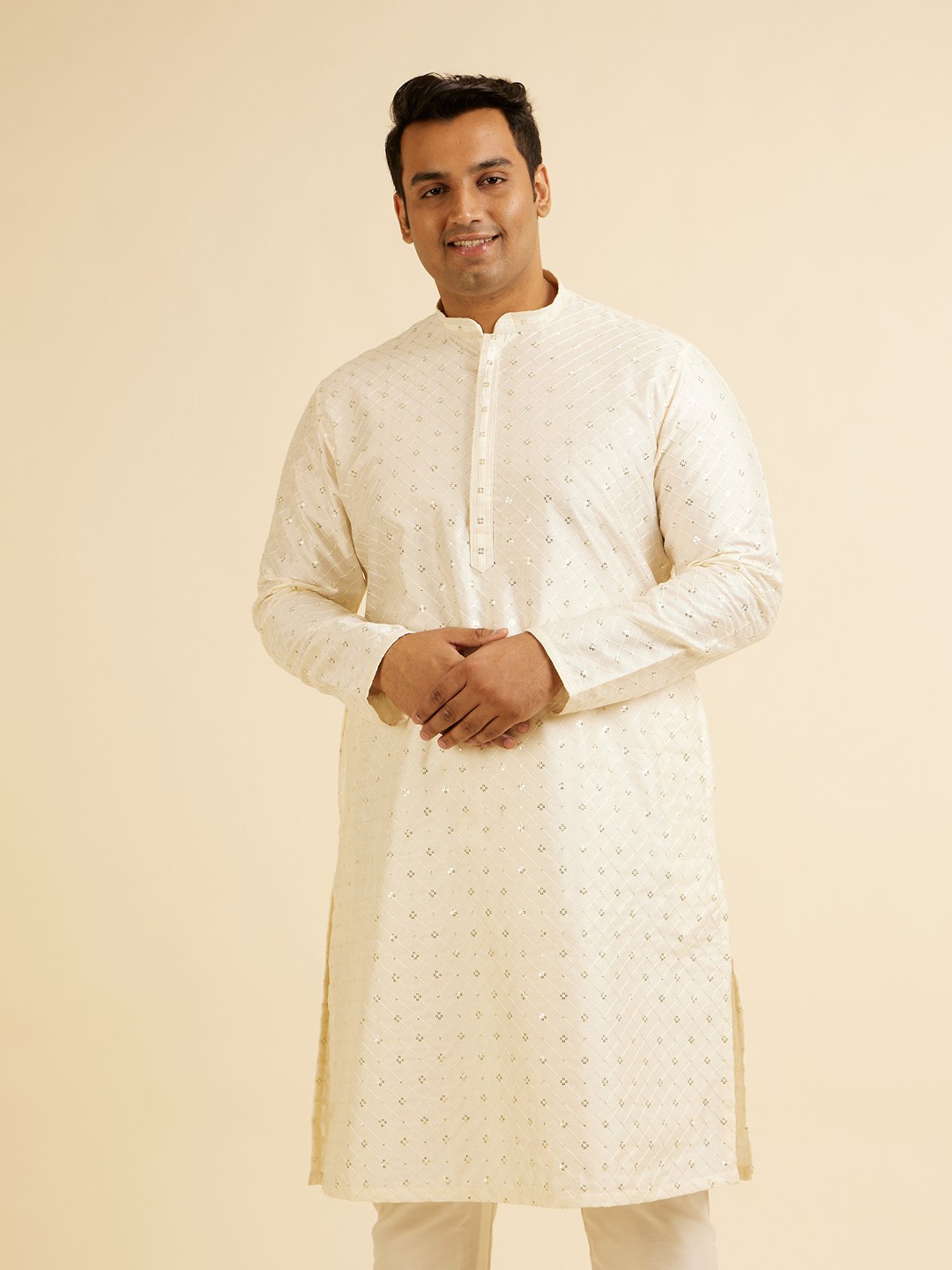 Manyavar Cream Regular Fit Embroidered Plus Size Kurta and Pyjama Set