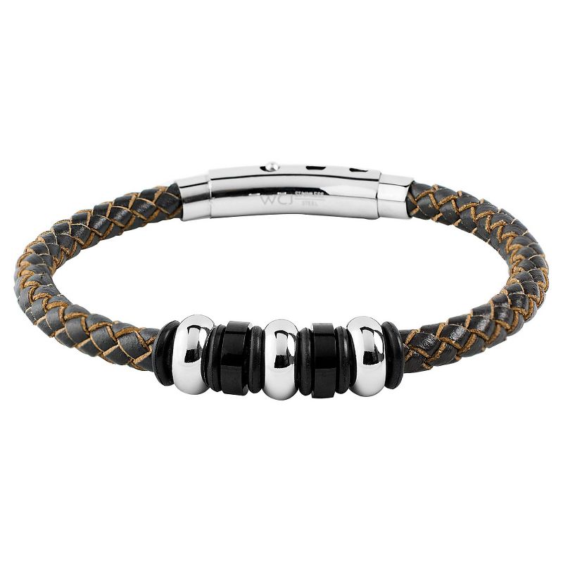 Men's West Coast Jewelry Stainless Steel Brown Leather Braided and Beaded Bracelet