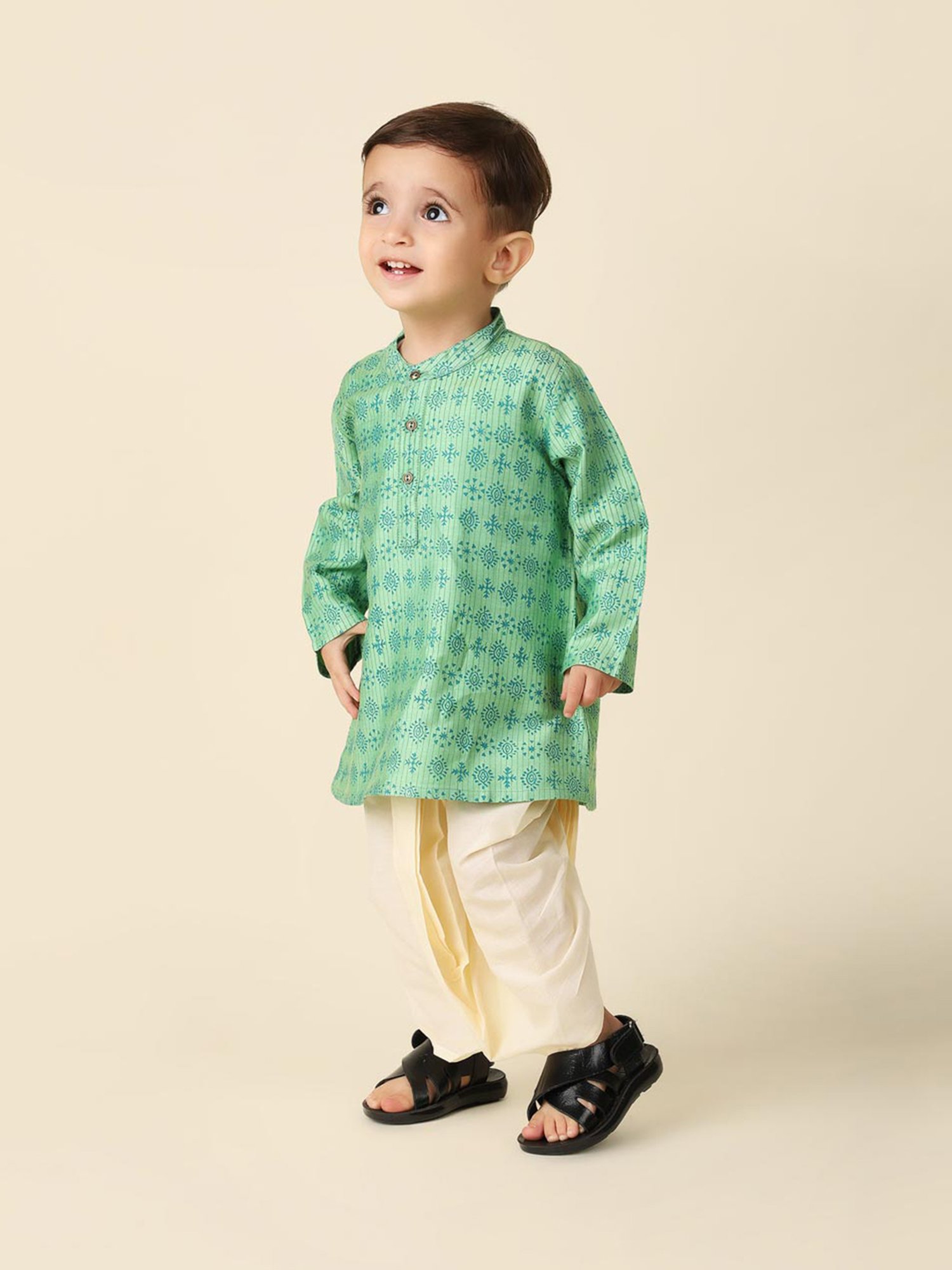 Fabindia Kids Mint Green & Beige Printed Full Sleeves Kurta with Dhoti