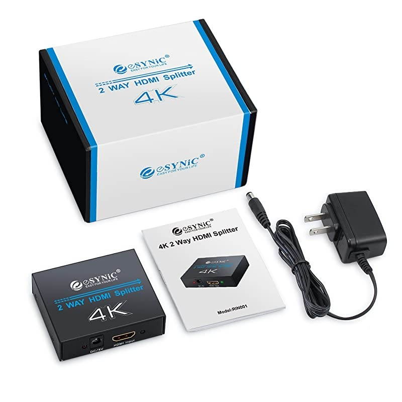 1x2 HDMI Splitter, 4K HDMI Splitter 1 in 2 Out HDMI Amplifier Adapter Aluminum Ver 1.4 HDCP with Power Adapter Supports 3D 4K@30HZ Full HD1080P for PC PS3 PS4 Blu-ray Player HDTV
