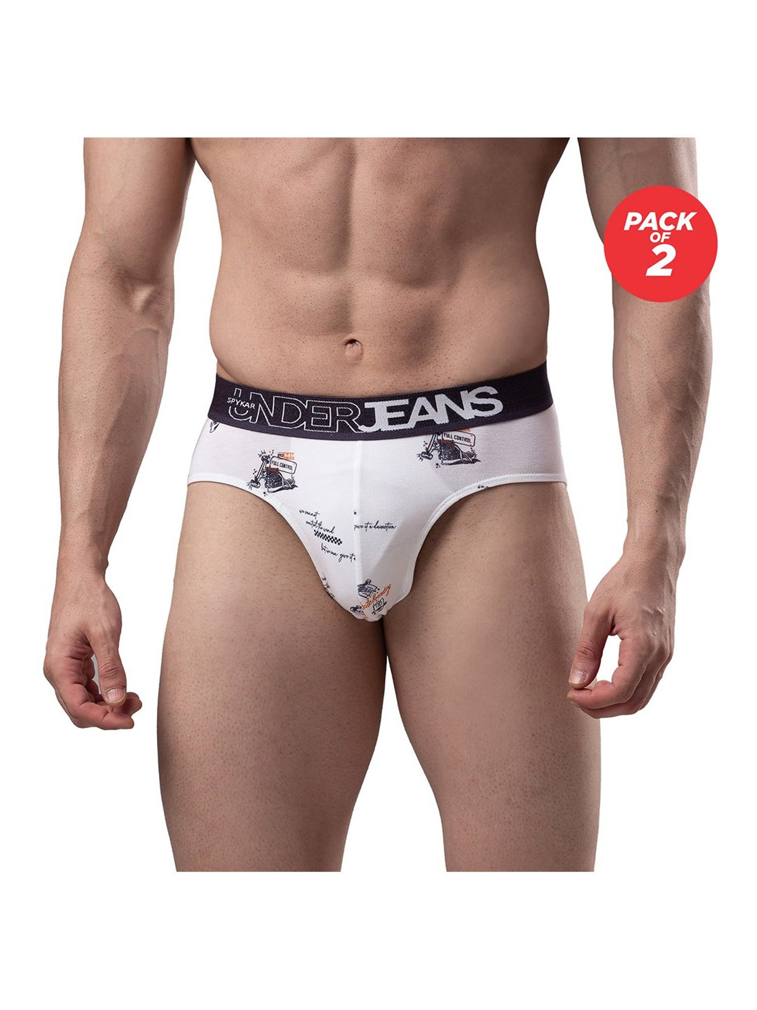 UnderJeans by Spykar White Printed Briefs - Pack of 2