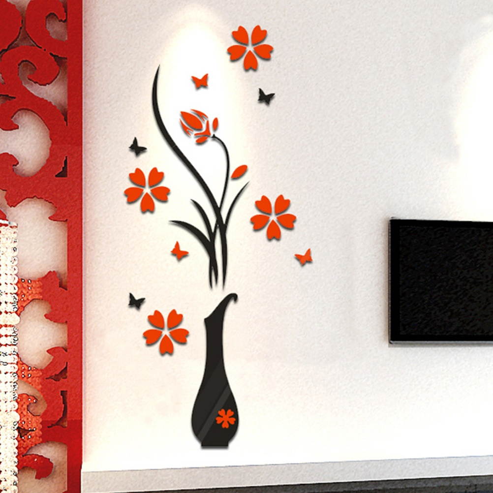Removable 3D Plum Vase Wall Stickers Living Room TV Background Wall Decals Mural Home Decor Size XS (PV-001)