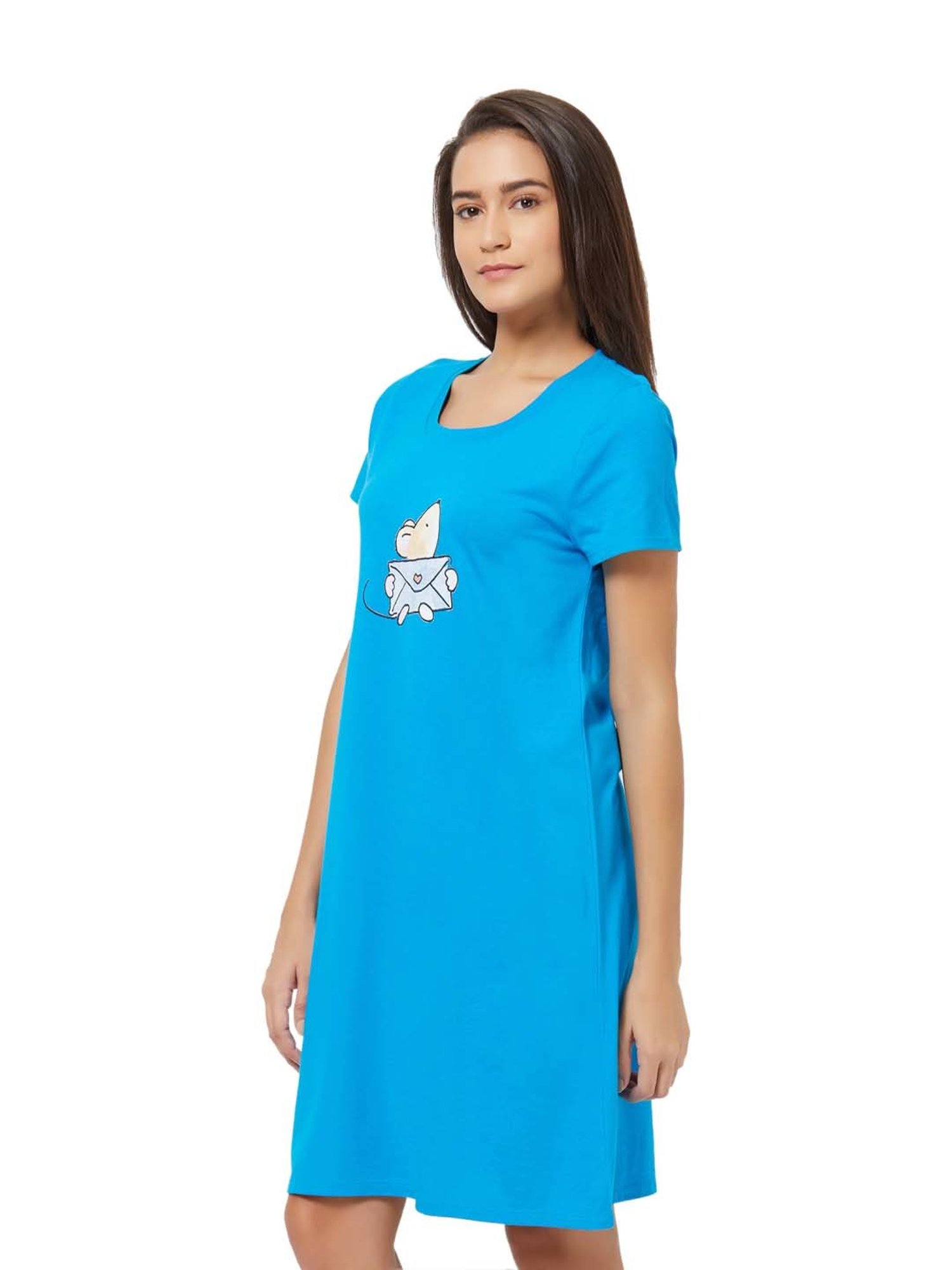 Soie Blue Cotton Printed Sleep T-Shirt