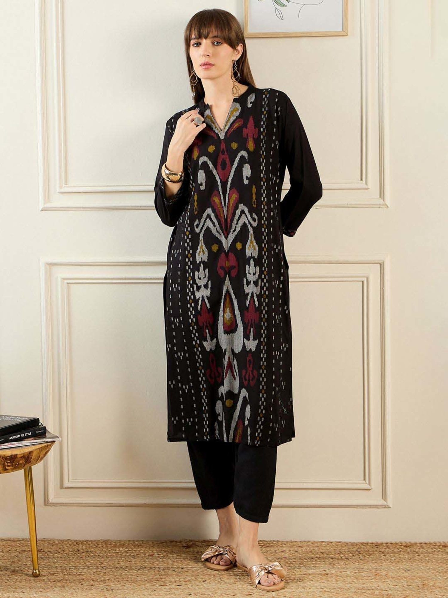 Indo Era Black Printed Straight Kurta