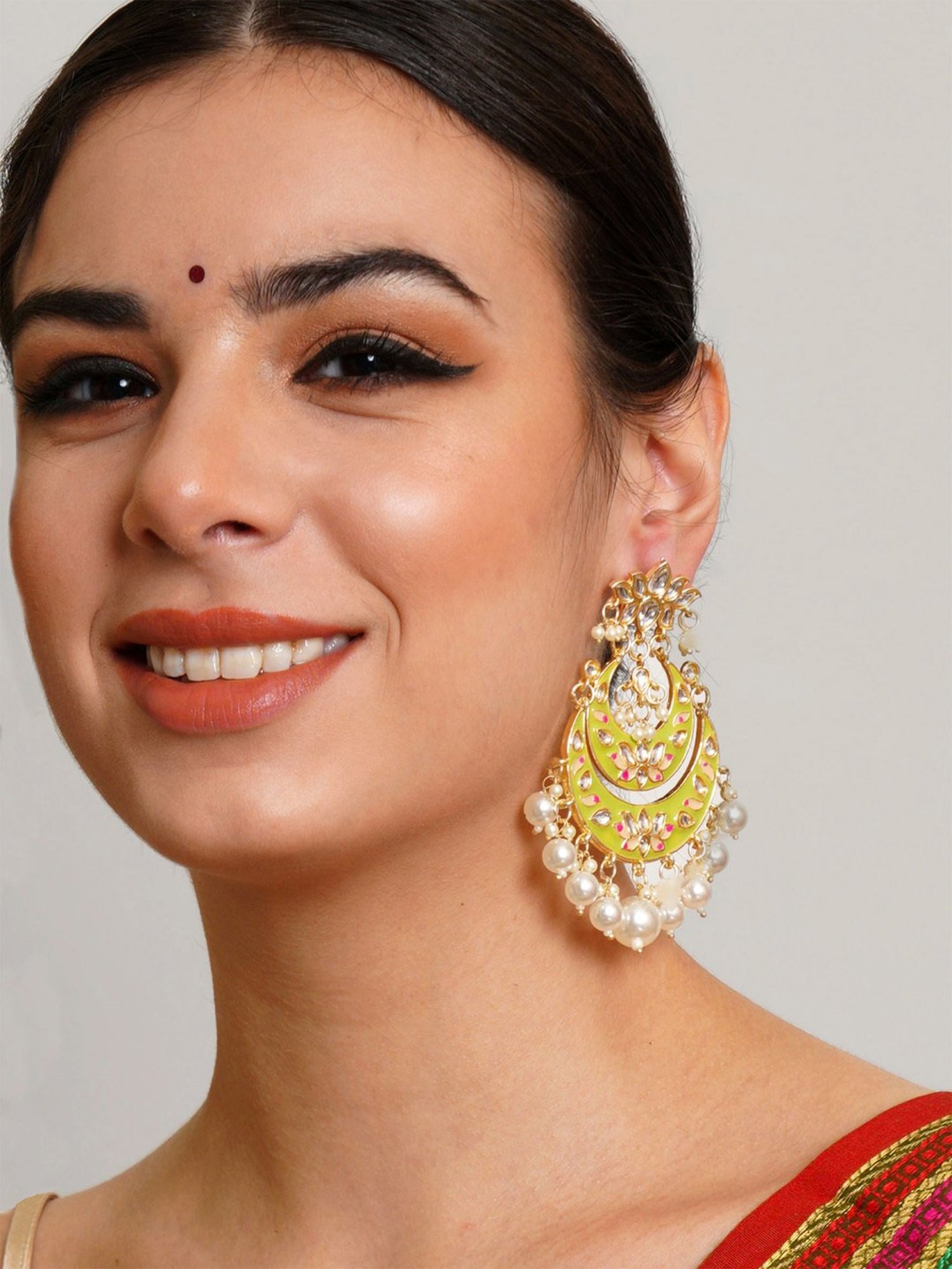 Karatcart Gold-Plated Light Green Meena Lotus Design Pearl Chand Bali Earrings