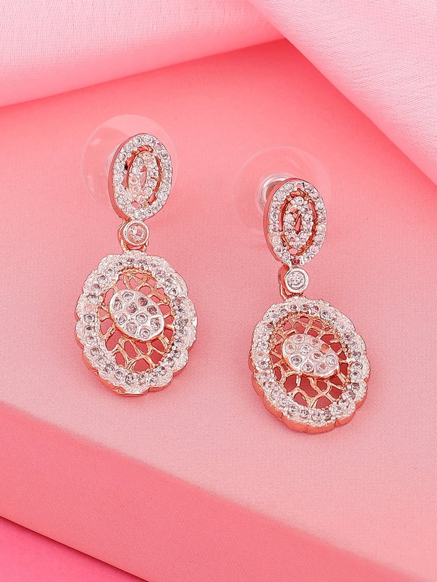 Estele Rose Gold-Plated CZ Elegant Design Dangler Earrings