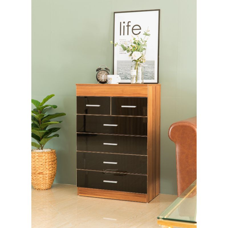 Basicwise Modern Wooden Chest with 4+2 Drawers, Natural and Black