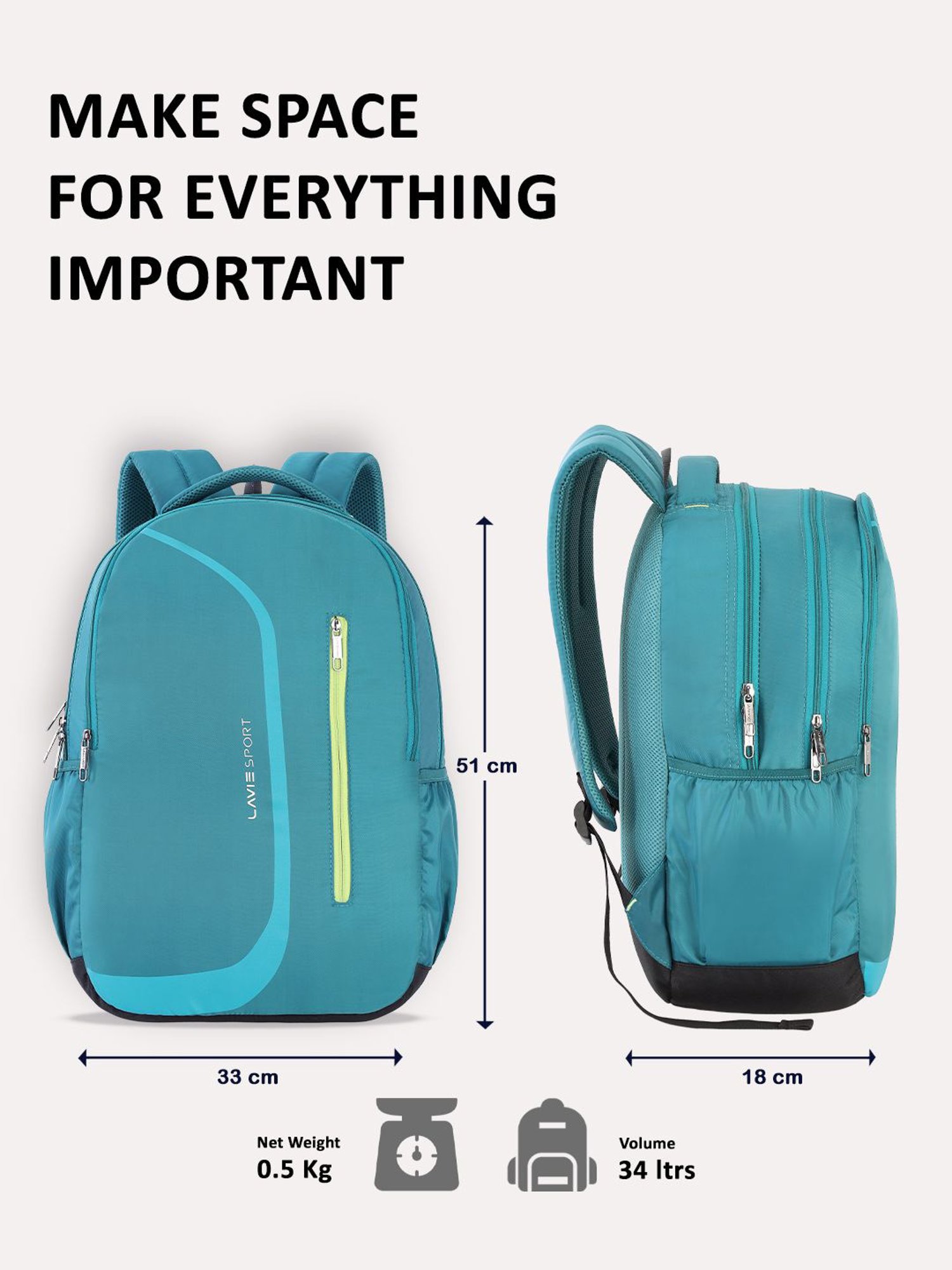 Lavie Sport Zolt X 34L Laptop Backpack For Men & Women | College Bag For Boys & Girls (Teal)