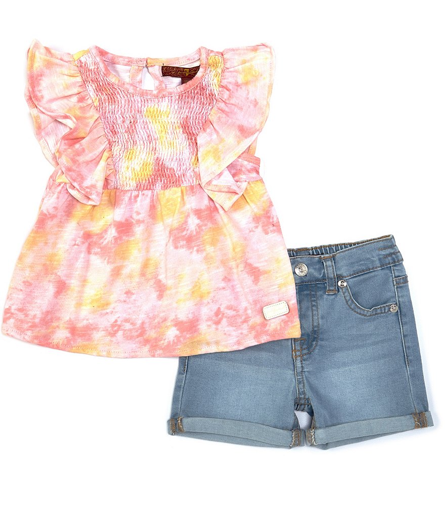 7 For All Mankind Baby Girls 12-24 Months Tie-Dye Flutter Sleeve Top & Denim Shorts Set