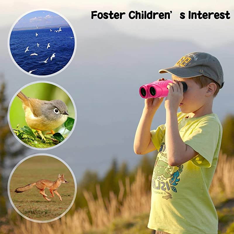Compact Kids Binoculars 8x22 High Powered Toy Binocular for 47 Years Old Girl Best Birthday Present Gifts for Bird Watching Camping Hiking Rose Red