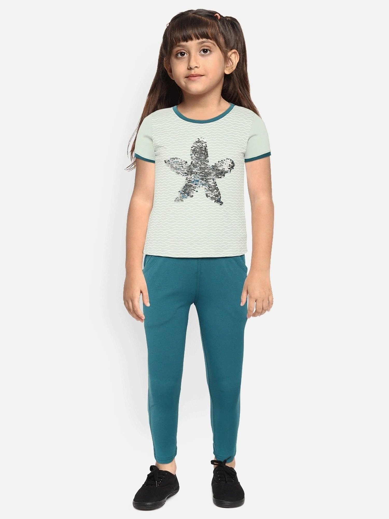 Sweet Dreams Kids Sage Green Cotton Embellished T-Shirt Set
