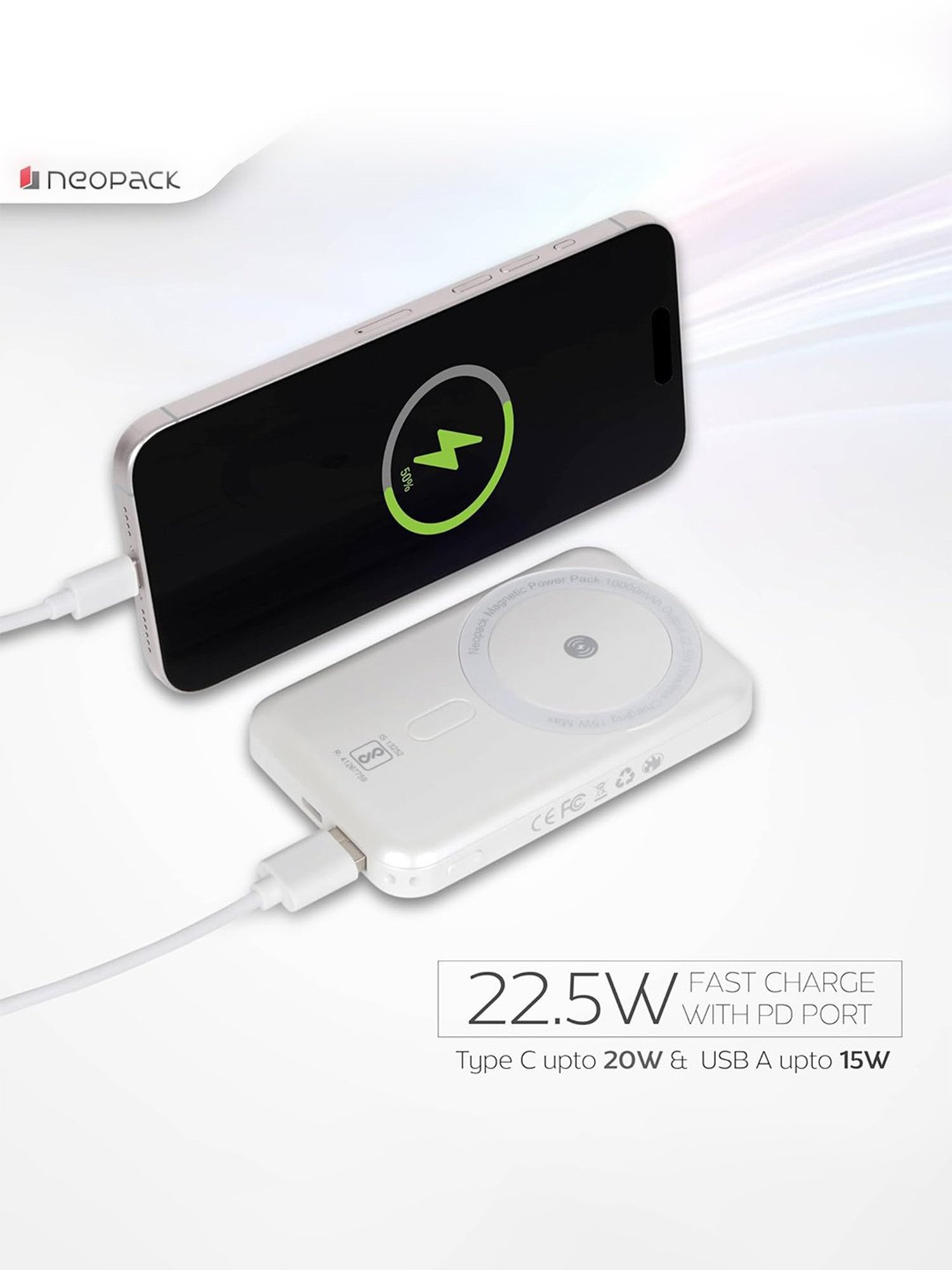 Neopack Magnetic Power Pack 10000 MAh MagSafe Compatible Wireless Charging Power Bank (White)