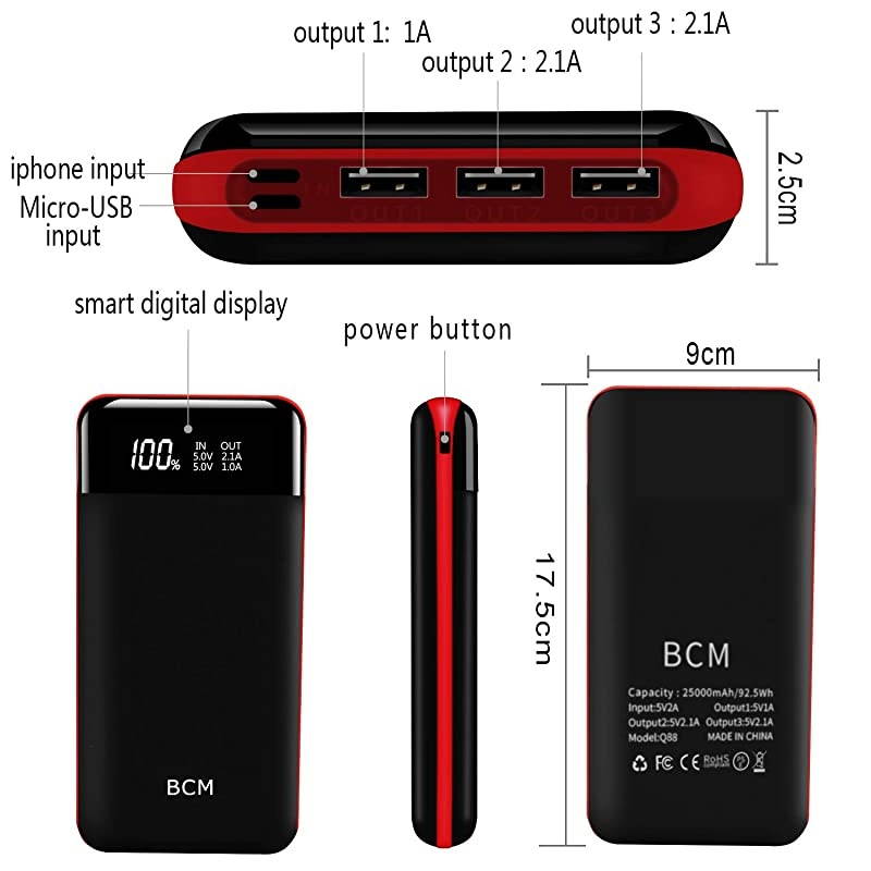 Bank 25000mAh Huge Capacity BCM Portable Charger Battery Pack Backup Battery Pack Dual Inputs 3 Output Ports with Intelligent LCD Compatible Smartphone Tablet and More