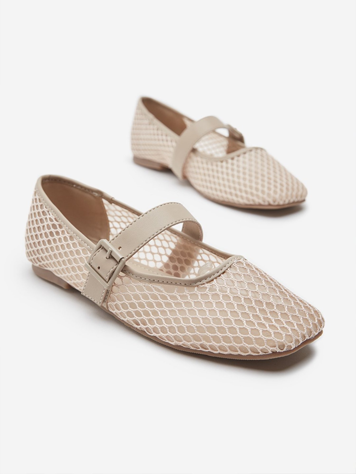 LUNA BLU by Westside Beige Mesh Detailed Mary Jane Shoes