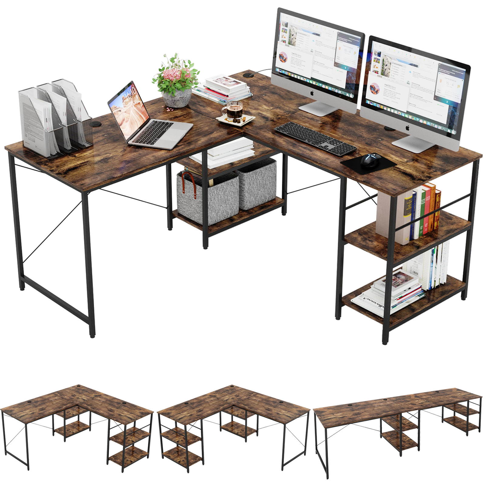 Bestier L Shaped Desk with Shelves 95.2 Inch Reversible Corner Computer Desk or 2 Person Long Table for Home Office Large Gaming Writing Storage Workstation P2 Board with 3 Cable Holes, Grey Oak