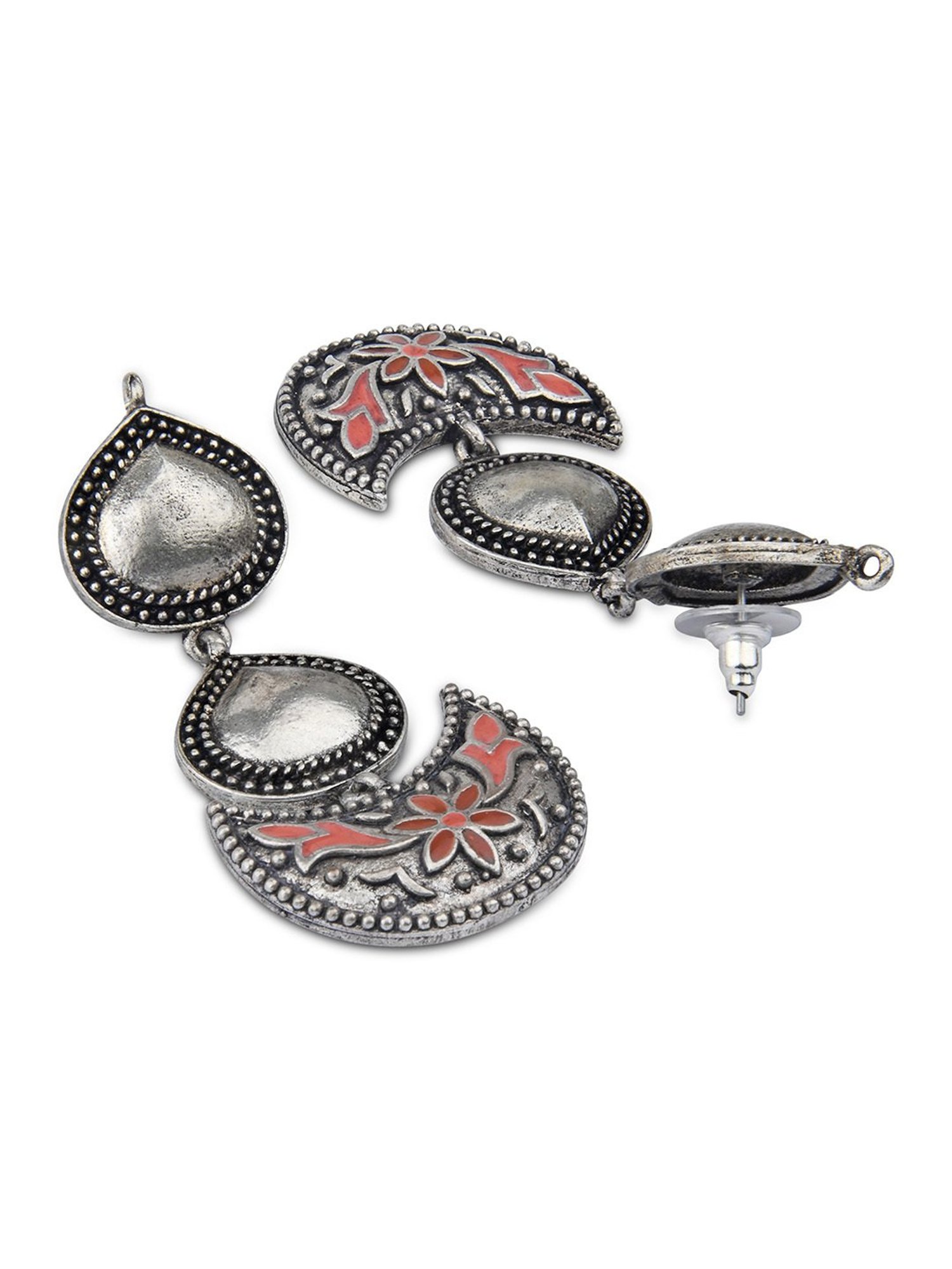 Fida Tear Crescent Floral Enamel Orange Dangler Earrings