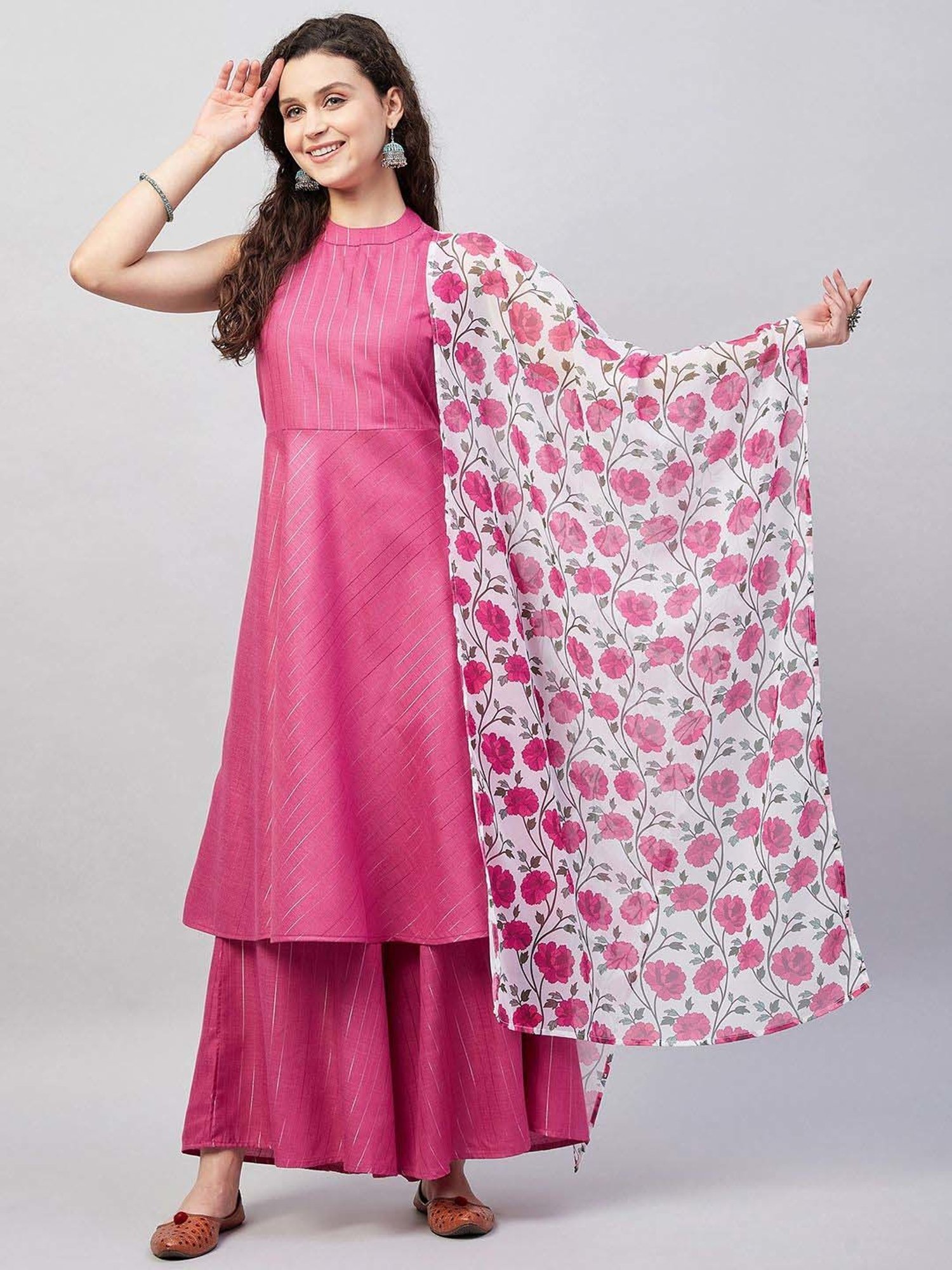 Inweave White & Pink Floral Print Dupatta
