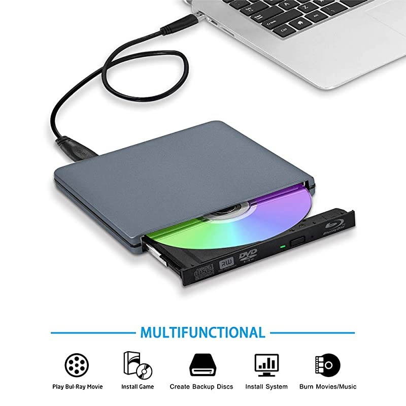 External BluRay Writer Drive USB30 and TypeC Portable BluRay Burner 100GB 128GB BD DVD Disc 3D 6x Slim Reader Player Grey