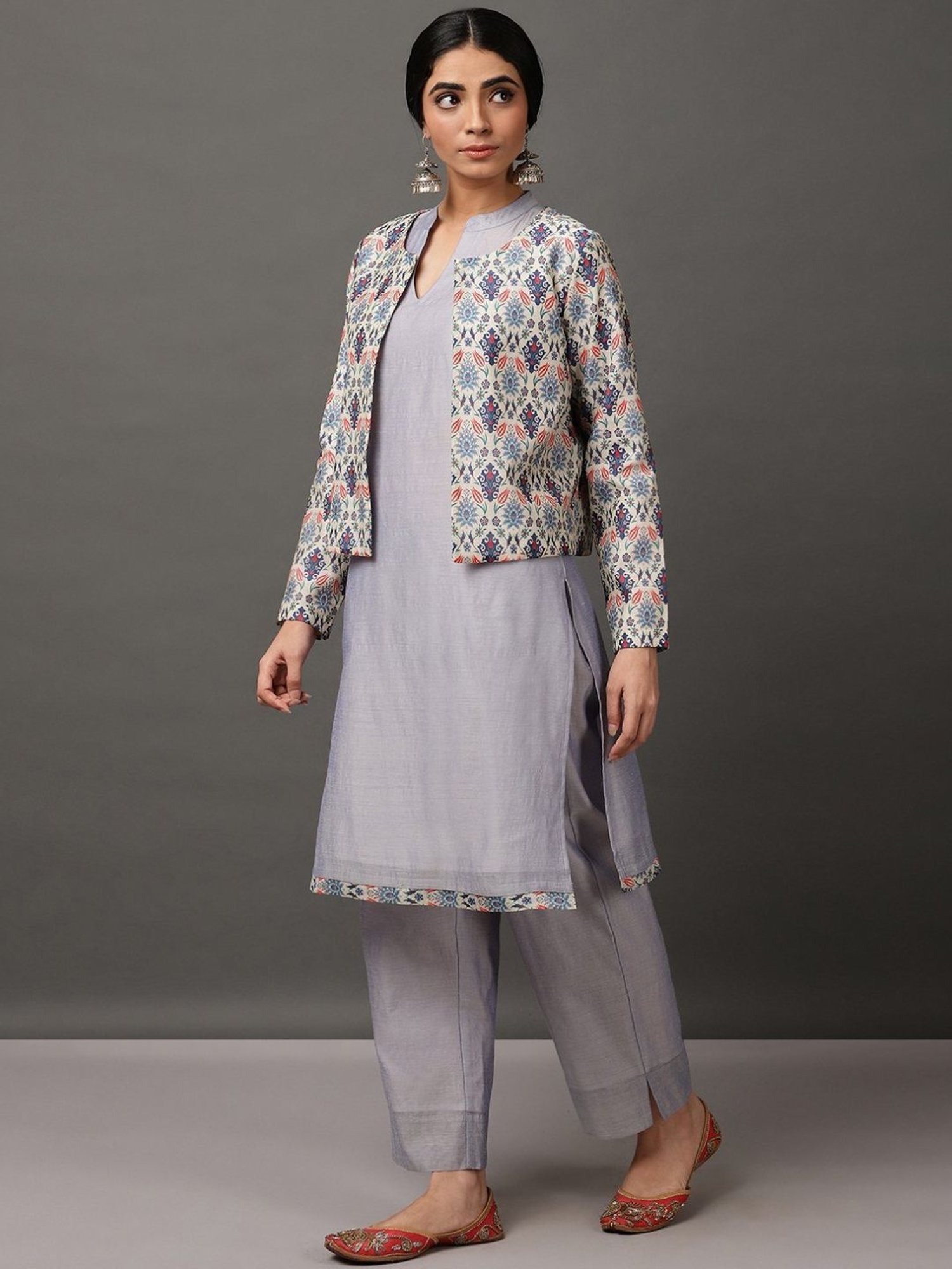 Nuhh Light Blue Chanderi Kurta & Pant Set with Jacket