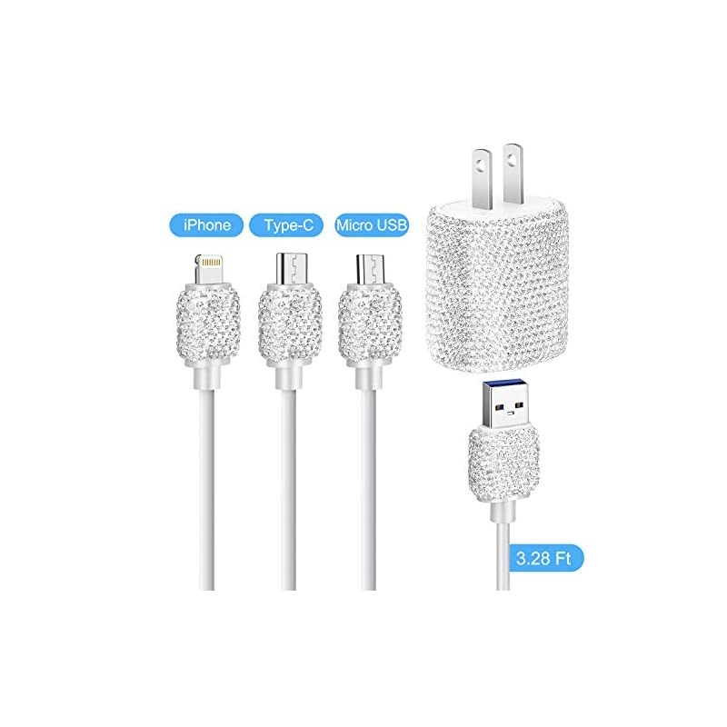 USB Wall Charger with Charging CableFast Block for iPhone Android3in1 Multi Charger Cable Micro USB Type C Multiple USB Cord with Crystal DecorationCell Phone Accessories for WomenGirls