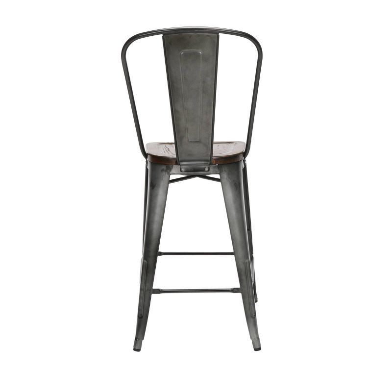 Set of 4 26" Industrial Modern High Back Galvanized Steel Counter Height Barstool with Solid Ash Wood Seats Gunmetal/Walnut - OFM