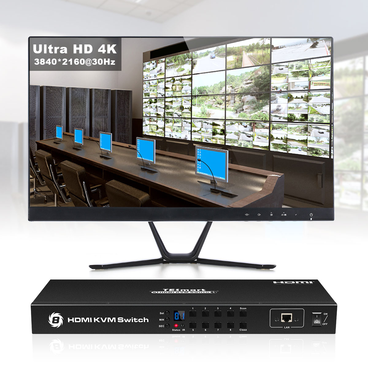 TESmart 4K UHD 8 Ports Inputs HDMI KVM Switch, Control up to 8 Computers/Servers, USB 2.0 Device, RS232/ LAN Port Control Switch, Rack Mount Switch with 4 Pcs 5ft/1.5m KVM Cable