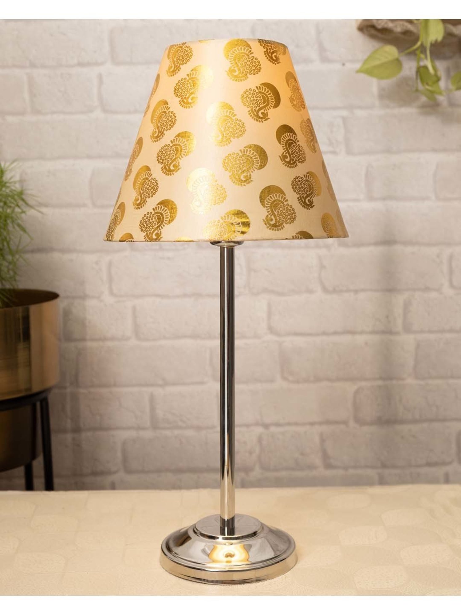 Homesake Chrome Basic Golden Steel Bedside Table Lamp With Fabric Shade - Set of 1