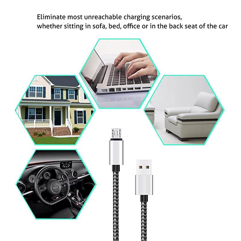 Micro USB Cable10ft3Pack by High Speed 20 USB A Male to Micro USB Sync Charging Nylon Braided Cable for Android Smartphone Tablets Wall and Car Charger Connection Silvergray