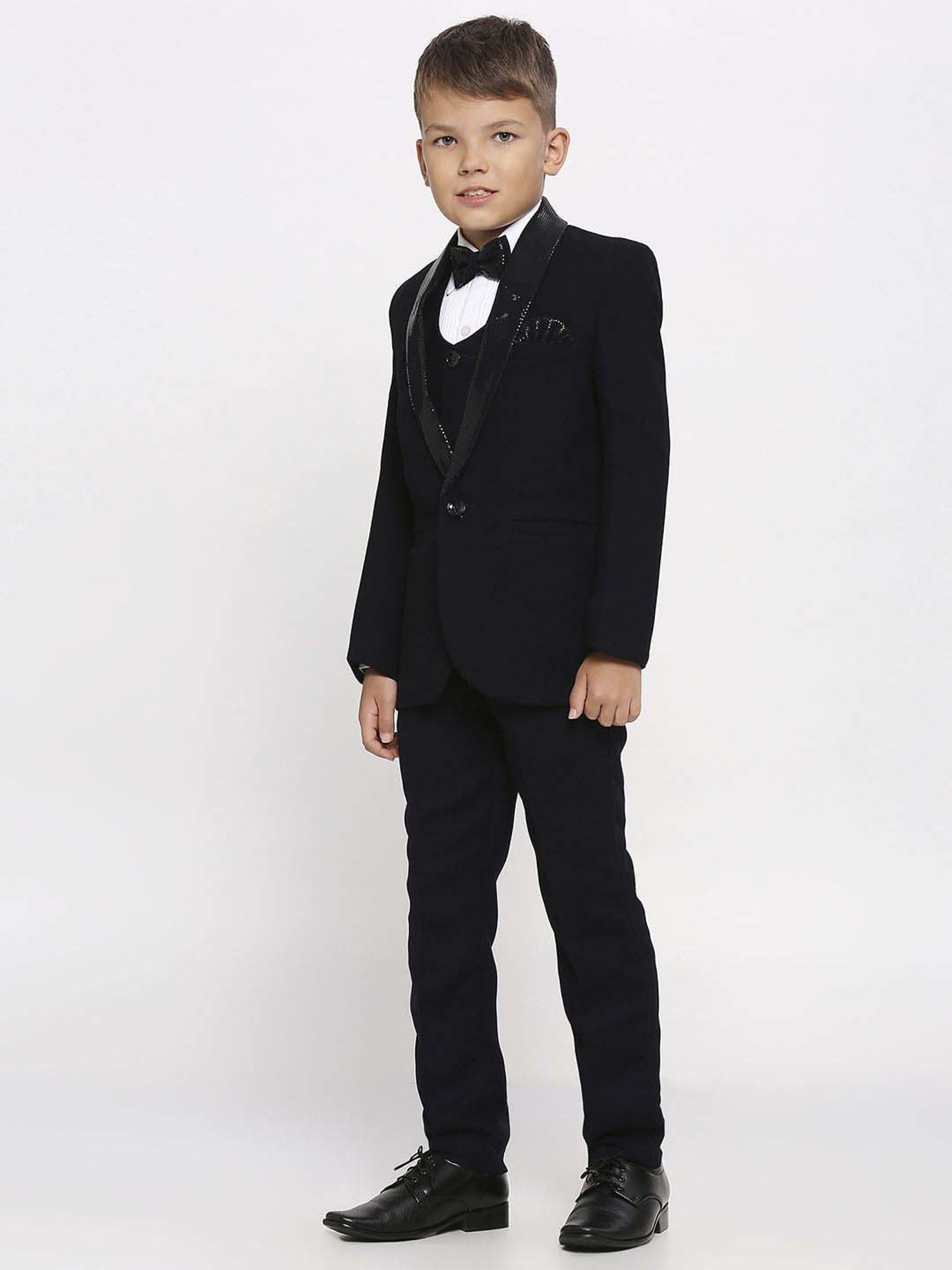 Kids Island Boys Navy & White Solid Full Sleeves Suit Set