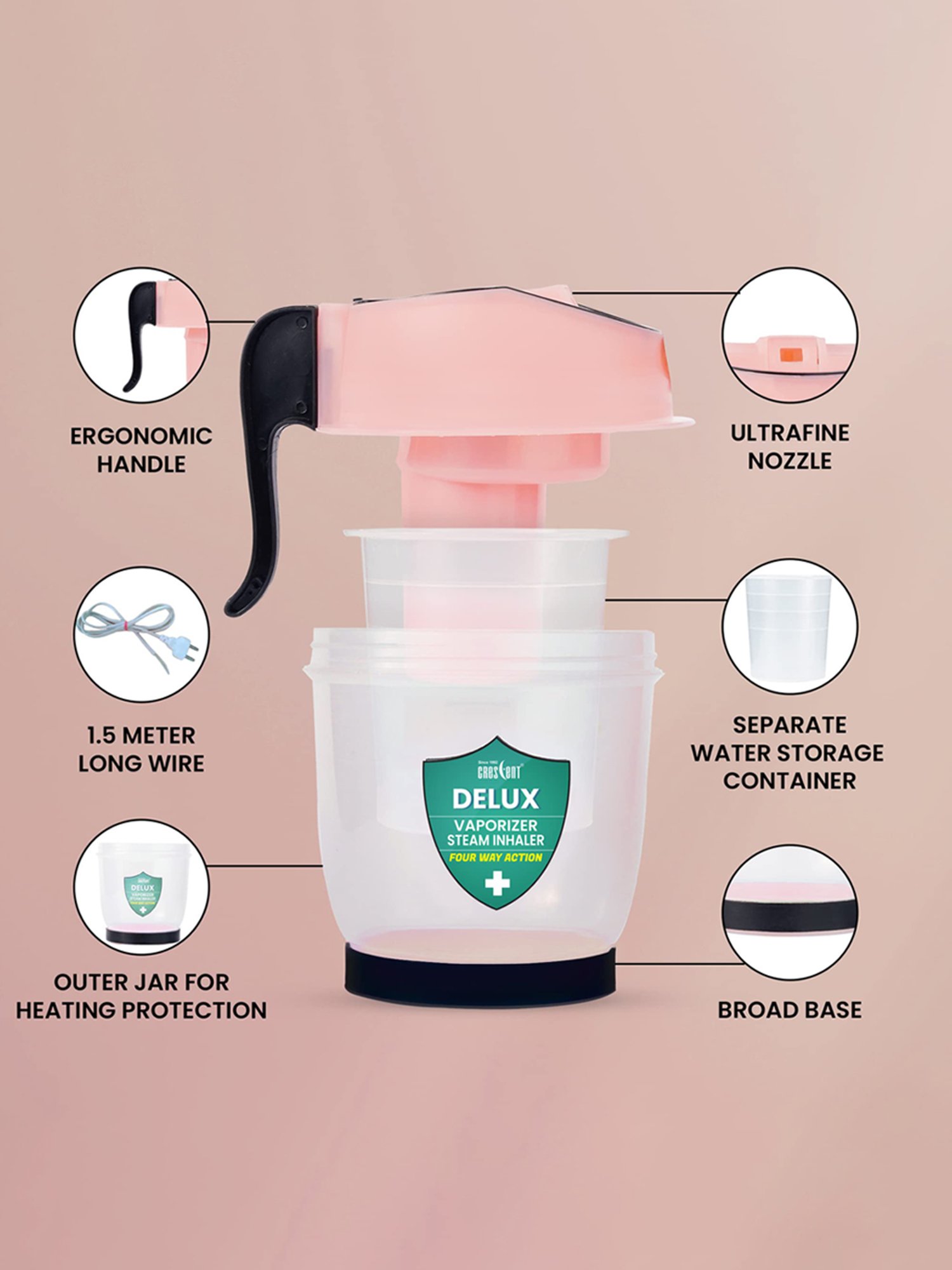 Crescent Delux Facial Steamer Vaporizer for Cold & Cough, Separate Water Storage Container (Pink)