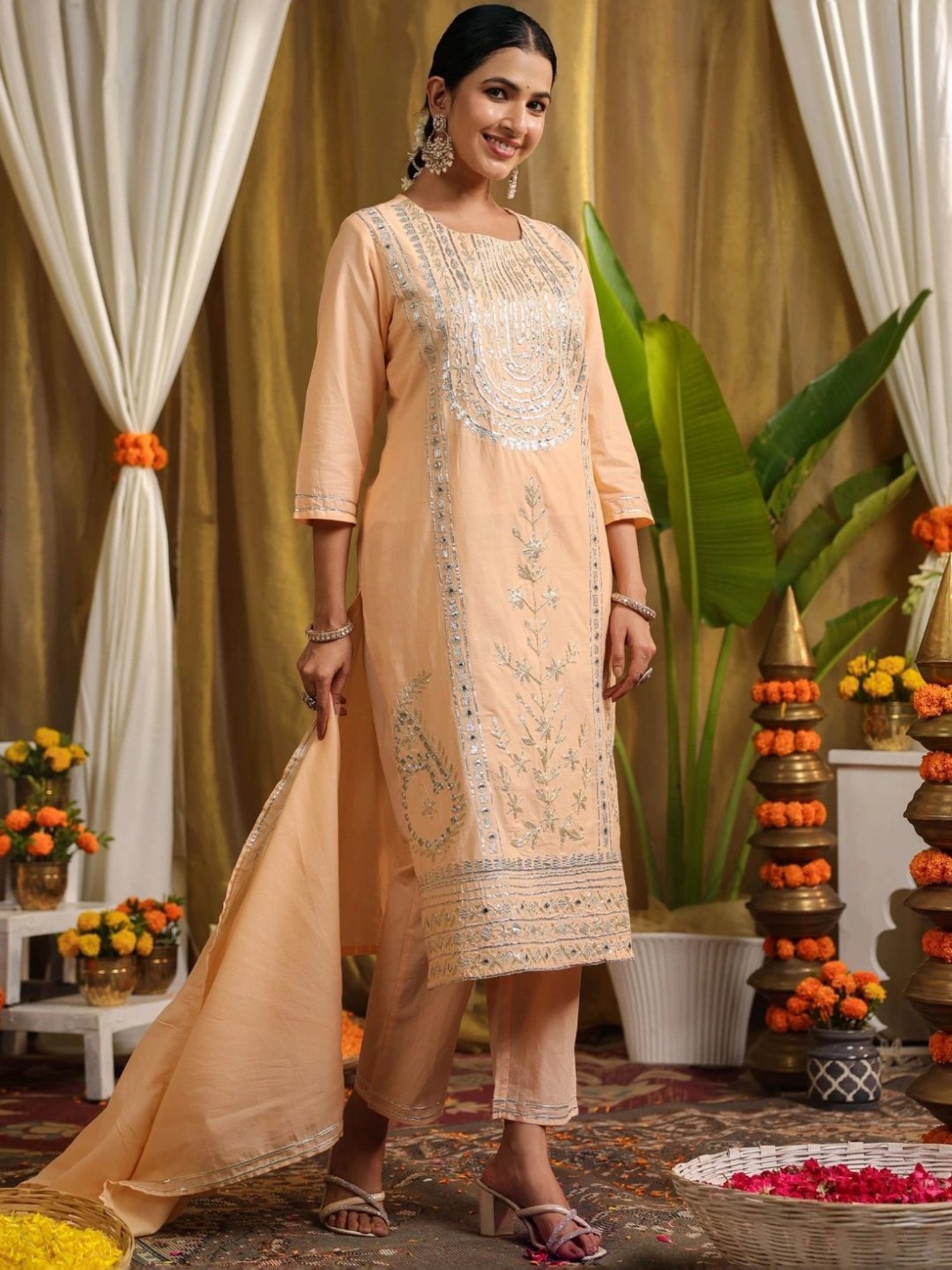 SCAKHI Peach Cotton Gota & Mirror Work Kurta and Pant With Dupatta