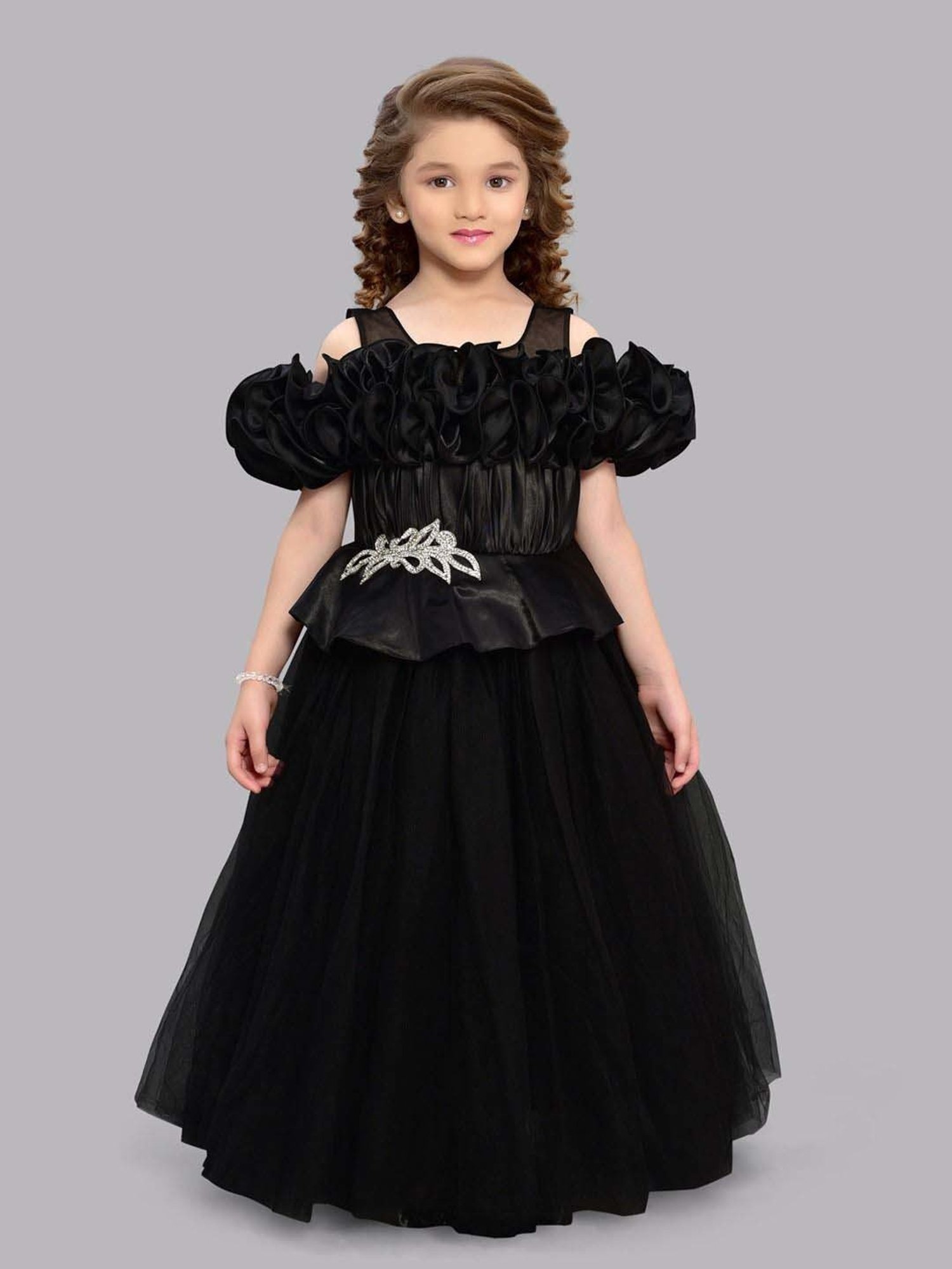 Pink Chick Kids Black Solid Party Gowns