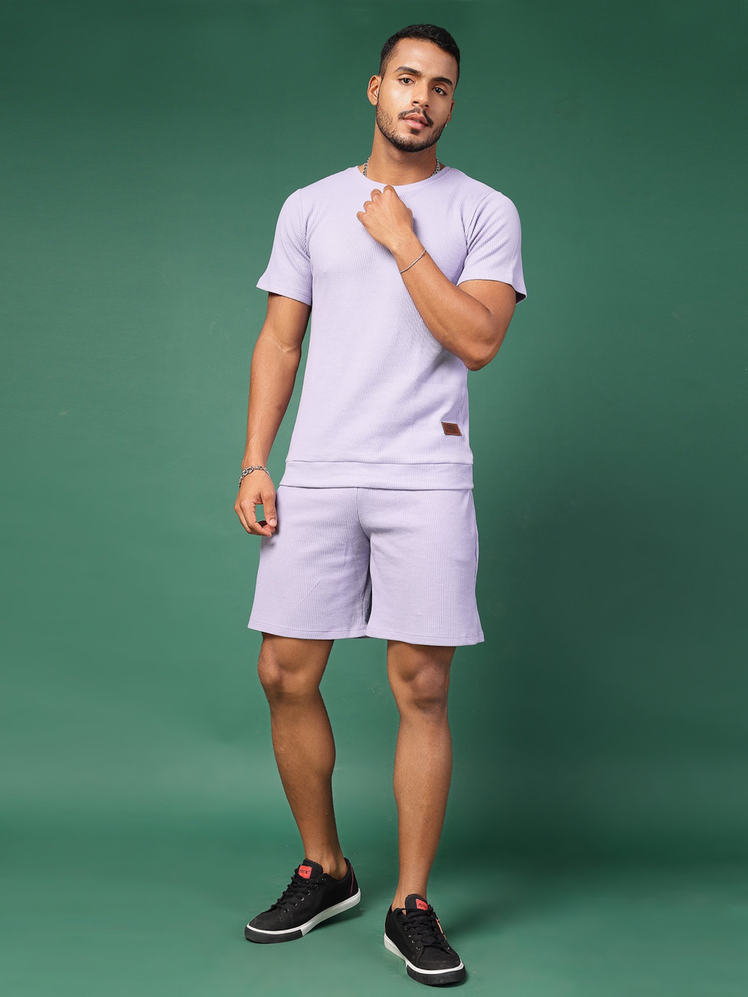 Rigo Light Purple Slim Fit Textured T-Shirt & Shorts Set