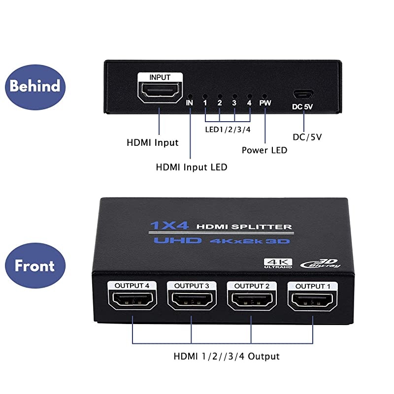 HDMI Splitter, 1 in 4 Out HDMI Splitter Audio Video Distributor Box Support 3D & 4K x 2K Compatible for HDTV, STB, DVD, PS3, Projector Etc