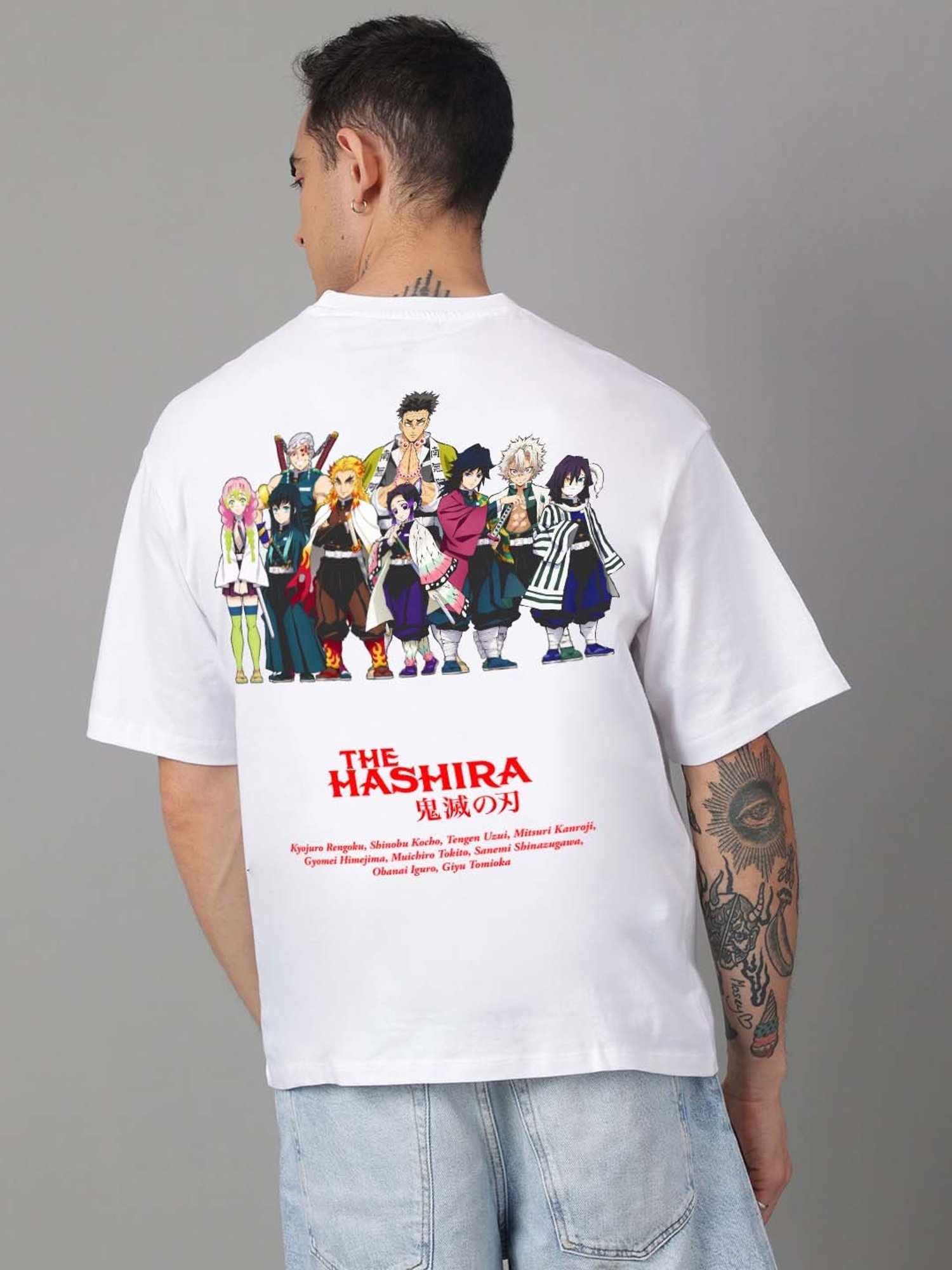 Free Authority White Loose Fit Demon Slayer Printed Crew T-Shirt