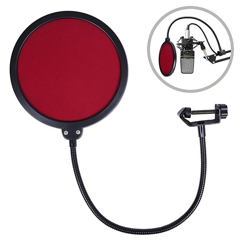 Microphone Pop Filter for Blue Yeti Dual Layer Studio Mic Wind Screen with Stand Clip and 360 Degree Gooseneck Arm Red