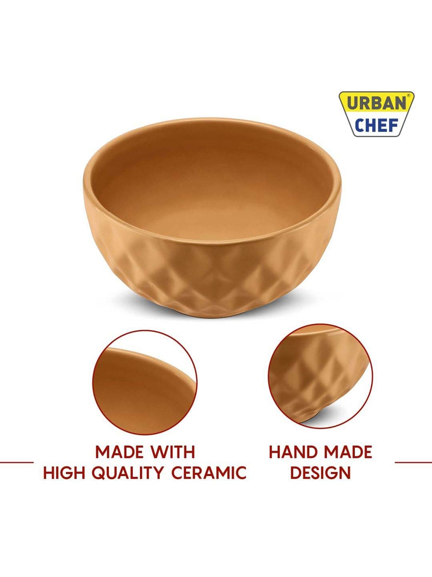 Urban Chef Pink & Brown Ceramic Handcrafted Microwave Safe Bowl (0.5 L) - Set of 4