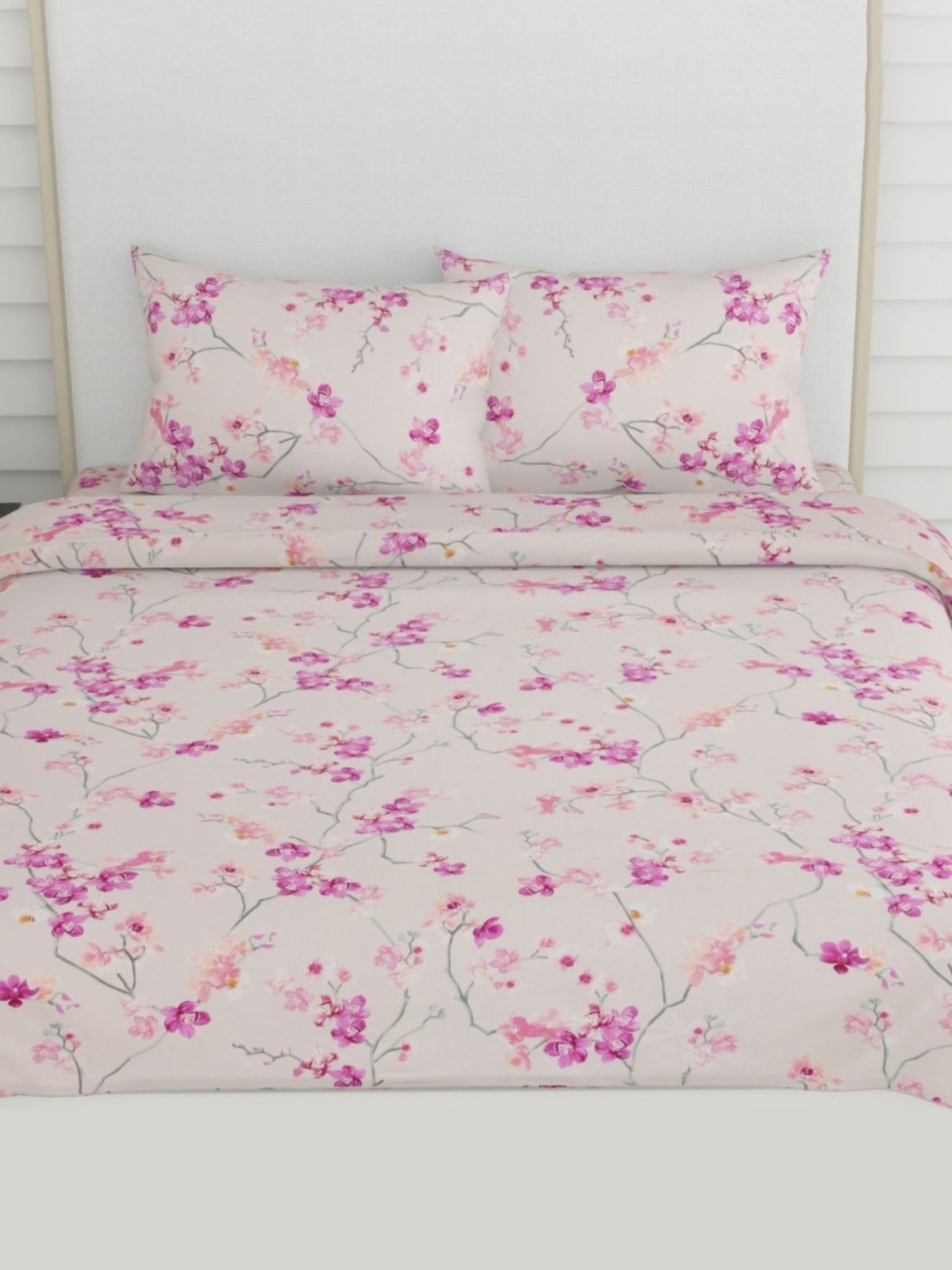 Haus & Kinder Serene Floral Art Pink 186 TC Cotton Queen Bed Sheet with 2 Pillow Covers