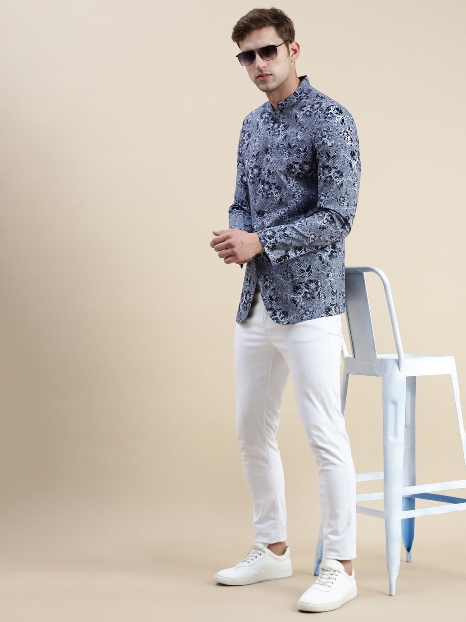 SHOWOFF Grey Cotton Slim Fit Printed Blazer